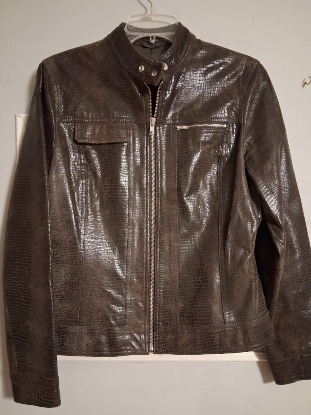 I. E. Women M Brown Leather Croc Texture L/S Lined Full Zip Racer Jacket i.e.